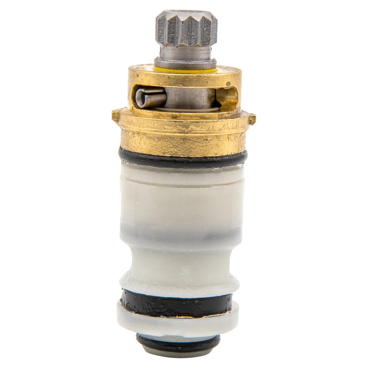 Metal stem cartridge with brass housing, white ceramic barrel, knurled adjustment cap, and rubber seals for faucet valve asse