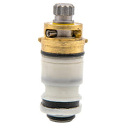 Metal stem cartridge with brass housing, white ceramic barrel, knurled adjustment cap, and rubber seals for faucet valve asse