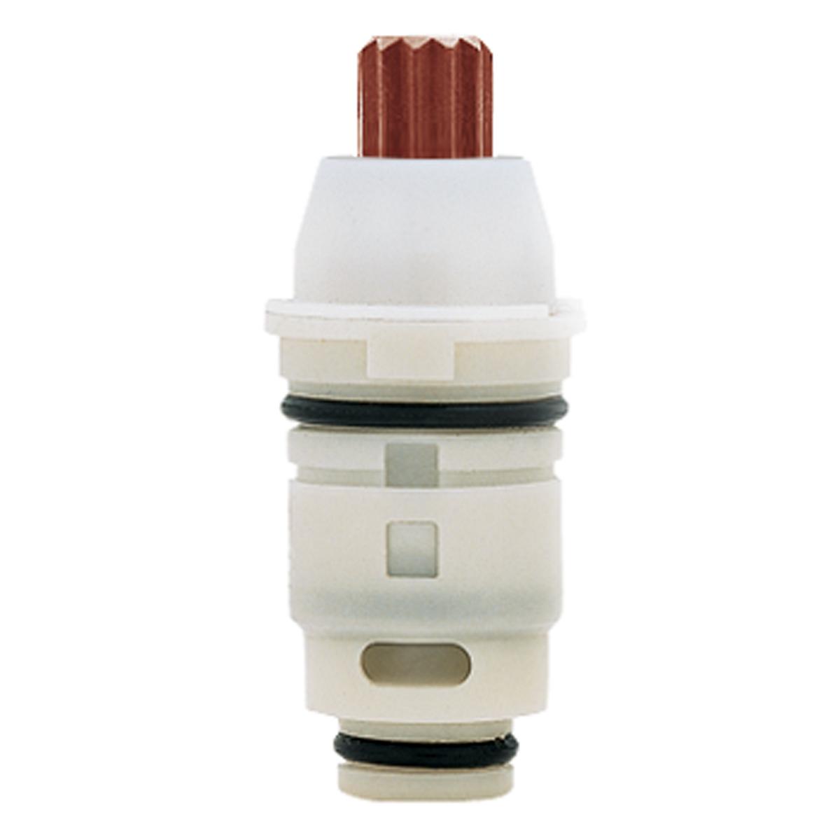 Brown and white cylindrical faucet cartridge with ridged top stem and rubber seals.