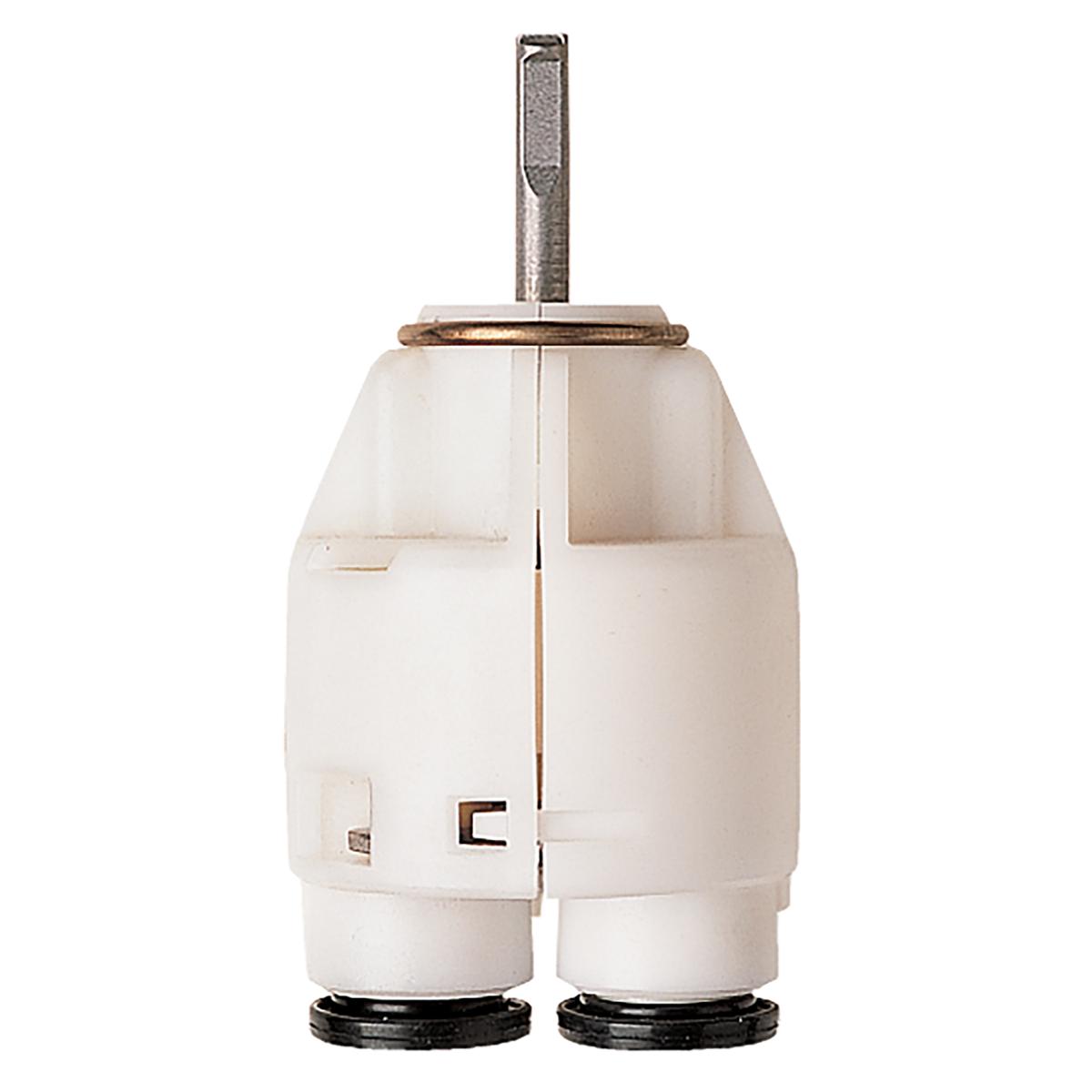 Elkay single lever replacement Hi-Dry cartridge with metal stem and white plastic body with black rubber seals.