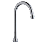 Chrome gooseneck spout with curved neck and angled outlet nozzle on round base.