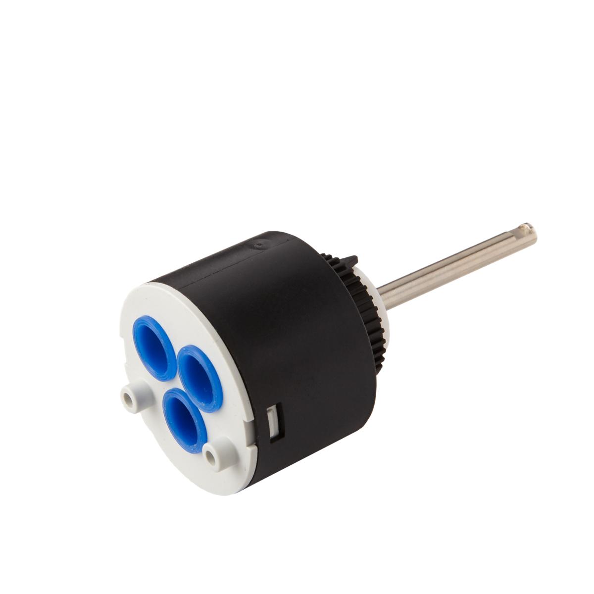 Elkay cartridge with black rubber body, white plastic face plate featuring three blue outlet ports, and metal stem shaft.