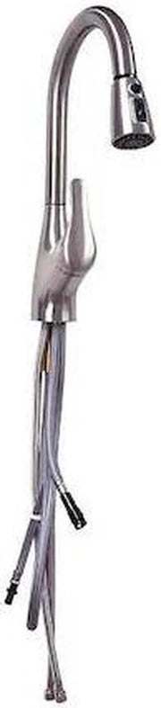 Brushed nickel gooseneck kitchen faucet with pull-out spray head and single-hole mounting with supply lines.