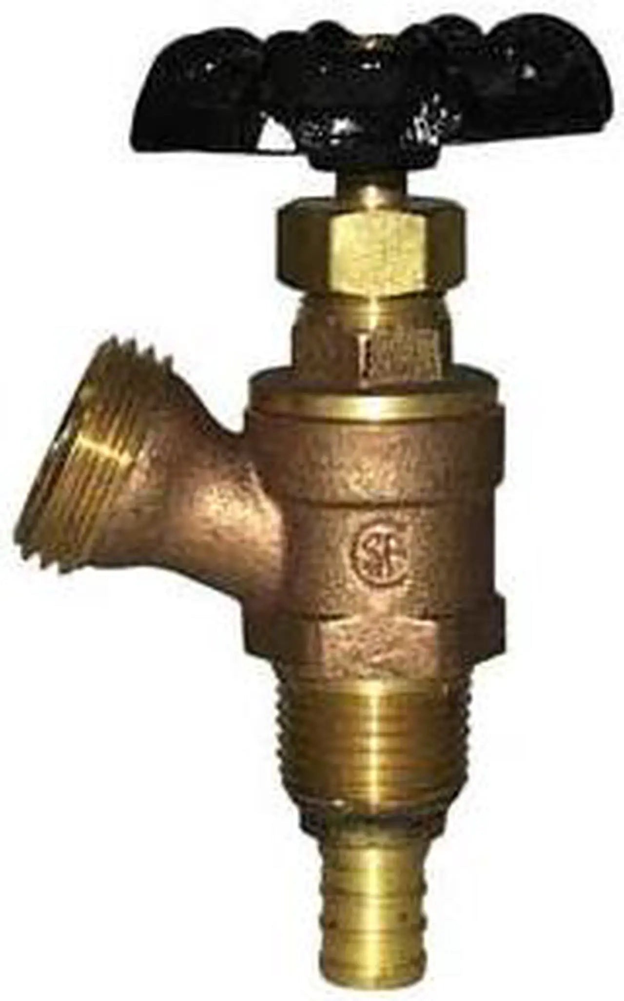 Brass boiler drain valve with 1/2-inch connection, black butterfly handle, and angled outlet port.