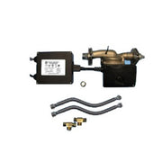 Hot water recirculating pump system with black control module, brass pump unit, curved hoses, and brass fittings.
