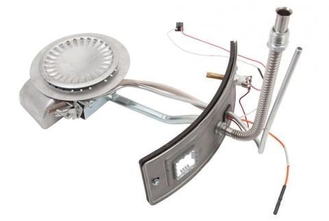 Natural gas burner assembly with circular burner head, metal frame, control valve, and attached wires for water heater instal