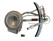 Natural gas water heater burner assembly with circular burner head, metal frame, control valve, and attached wiring.
