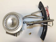 Metal burner assembly with circular igniter head, threaded shaft, black handle, and red wire connectors for water heater.