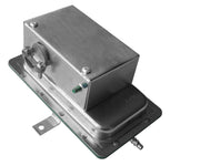 Rectangular metal pressure sensing switch with timer board, featuring a rotary valve mechanism on top and mounting bracket on