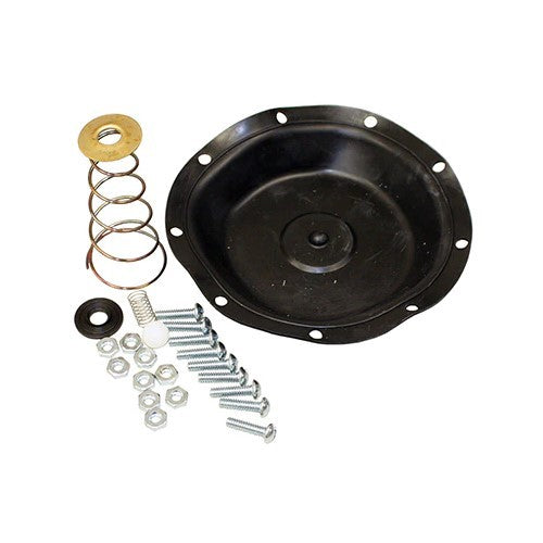 Merrill Brady air volume control repair kit containing black diaphragm dome, spring assembly, brass disc, fasteners, and hard