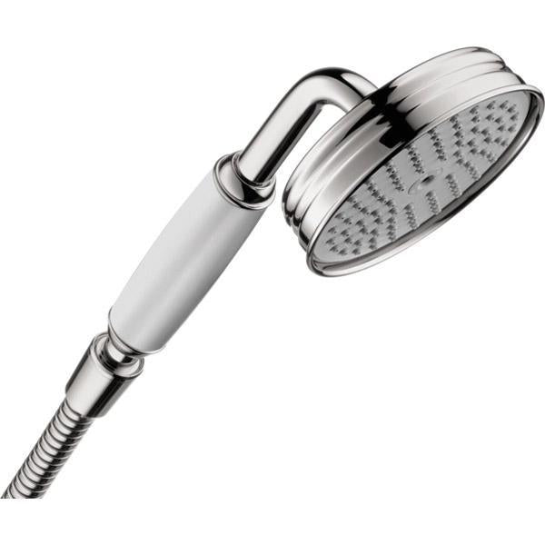 Chrome handheld showerhead with round spray face and flexible hose attached.