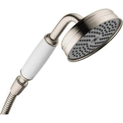 Brushed nickel handshower with white handle, circular showerhead with jet pattern, and flexible hose connection.