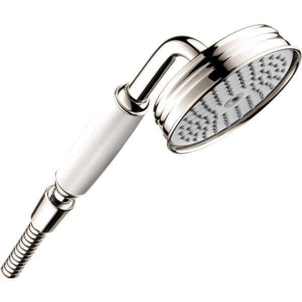 Polished nickel handheld showerhead with white grip handle and perforated spray face, connected to coiled hose.