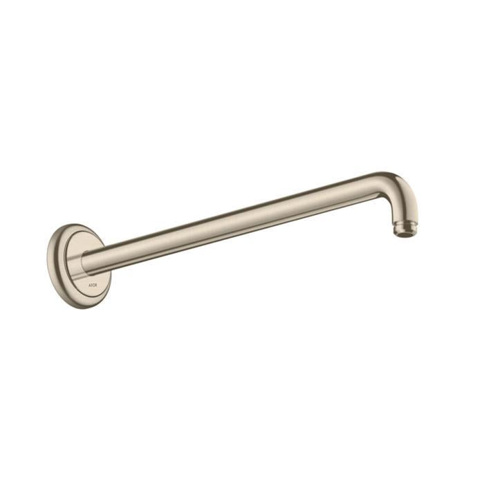 Brushed nickel shower arm with wall-mounted circular flange and 15-inch horizontal extension.