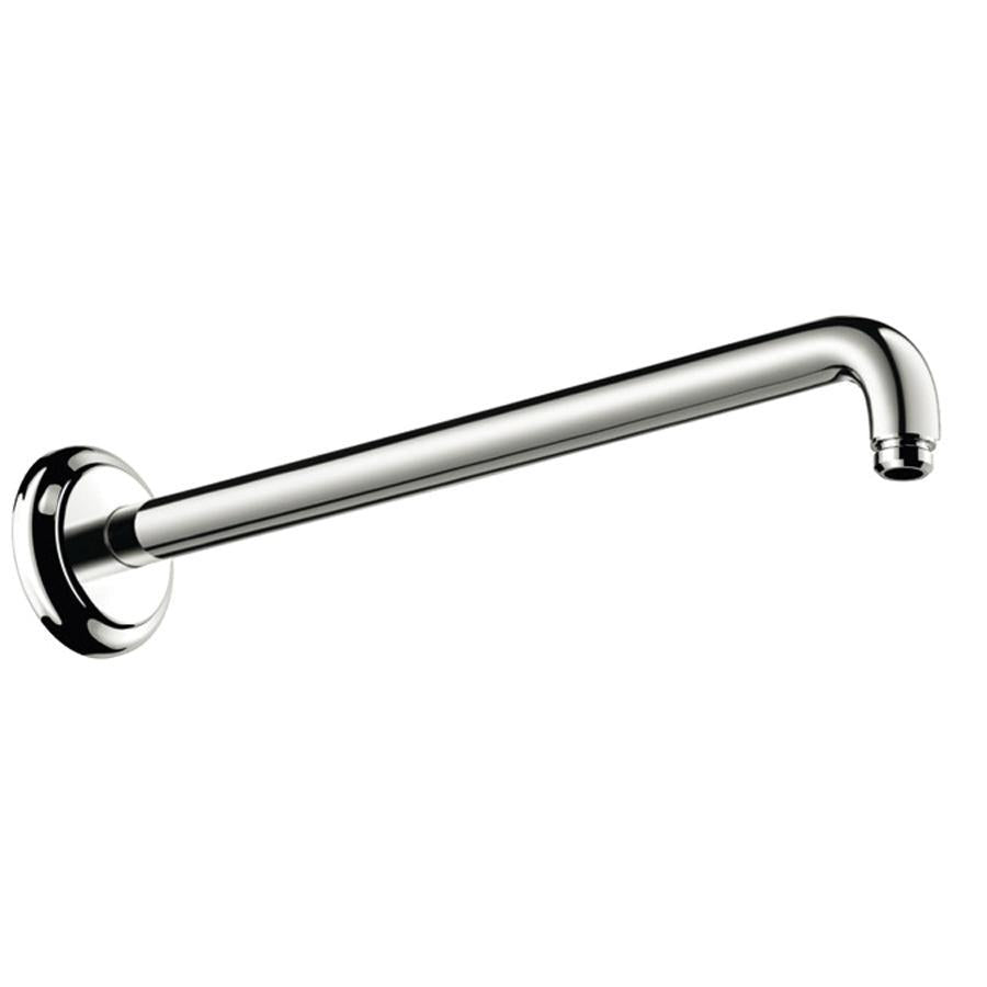 Polished nickel shower arm with wall-mounted circular flange and angled end connection.