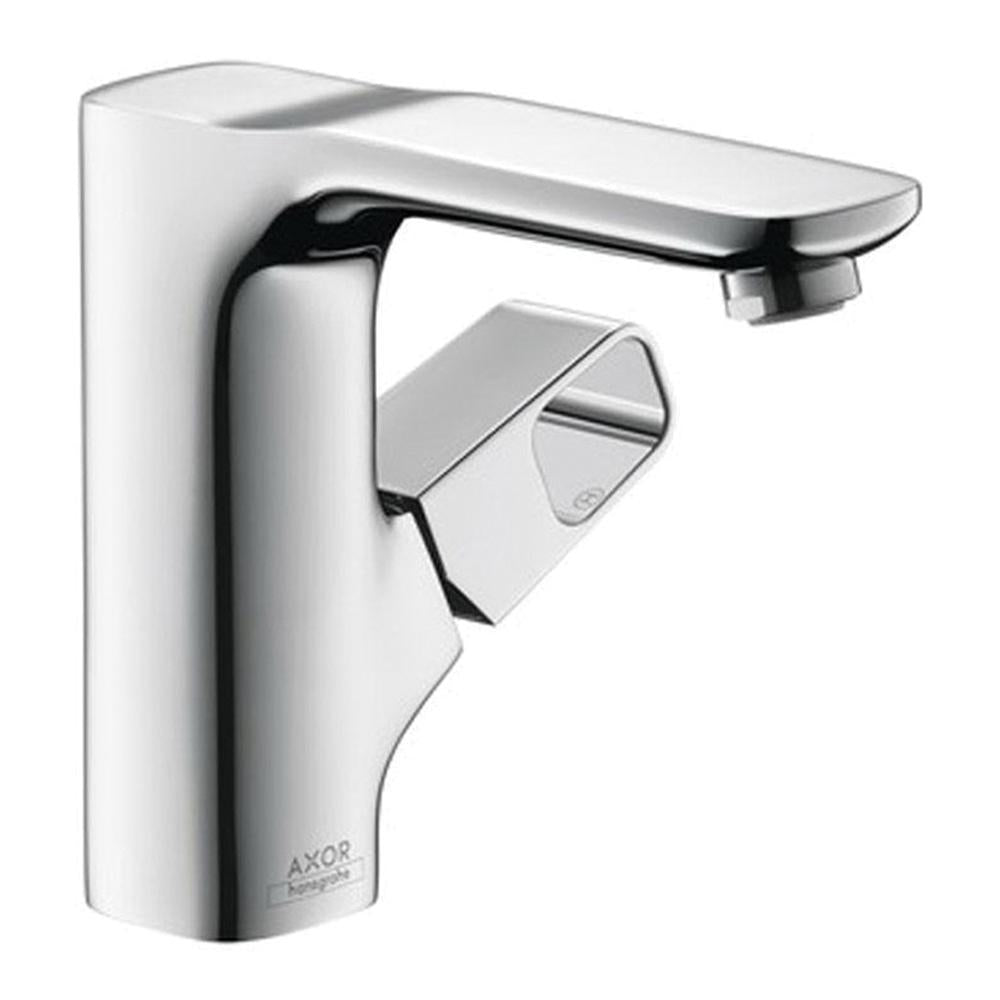 Chrome single-hole bathroom faucet with curved spout and angular lever handle on white cylindrical base.