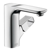Chrome single-hole bathroom faucet with curved spout and angular lever handle on white cylindrical base.
