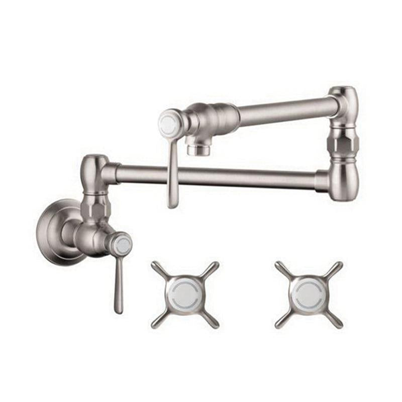Wall-mounted pot filler faucet in steel optic finish with articulating arm and two cross-handle valves.