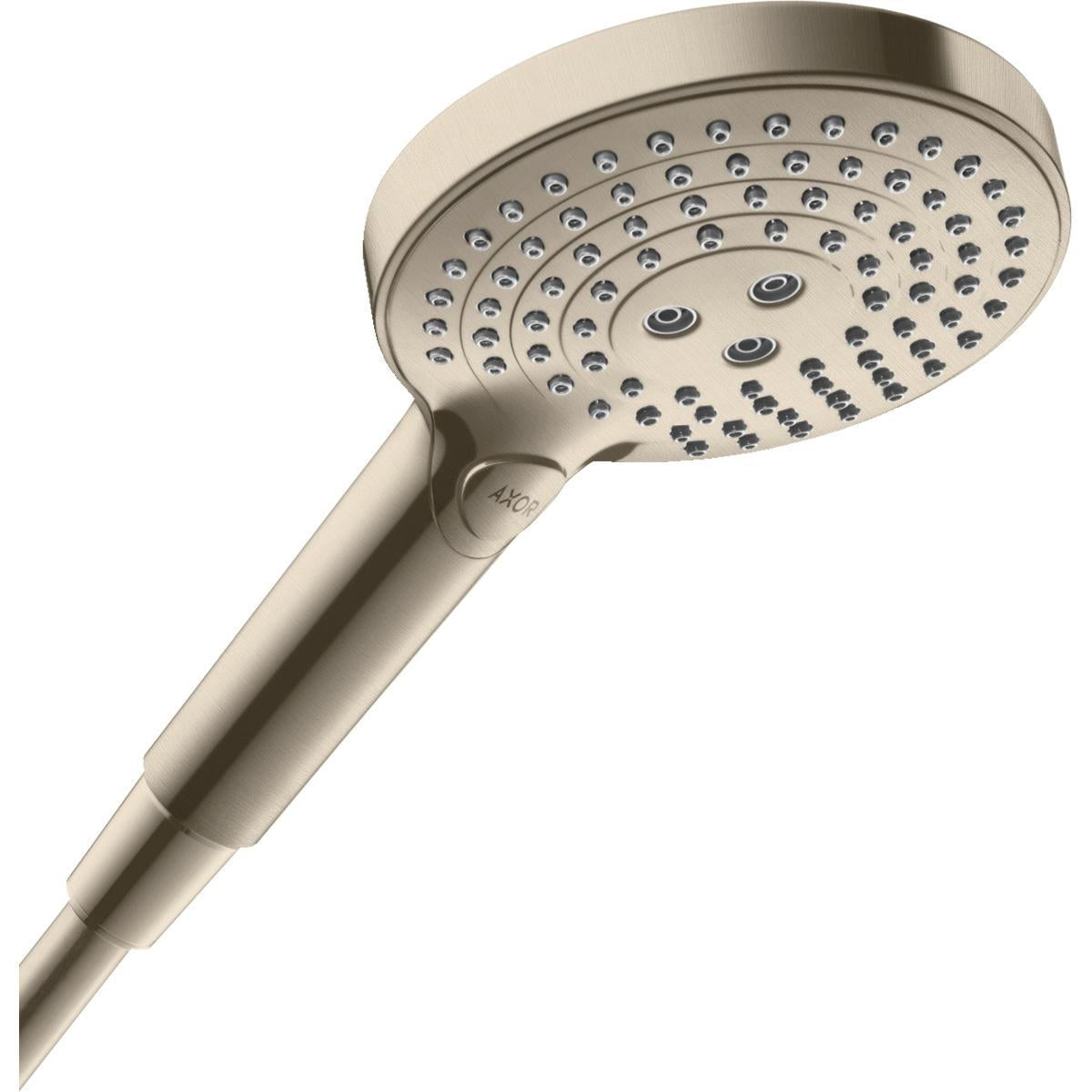 Brushed nickel handheld showerhead with multiple spray jets and cylindrical handle.