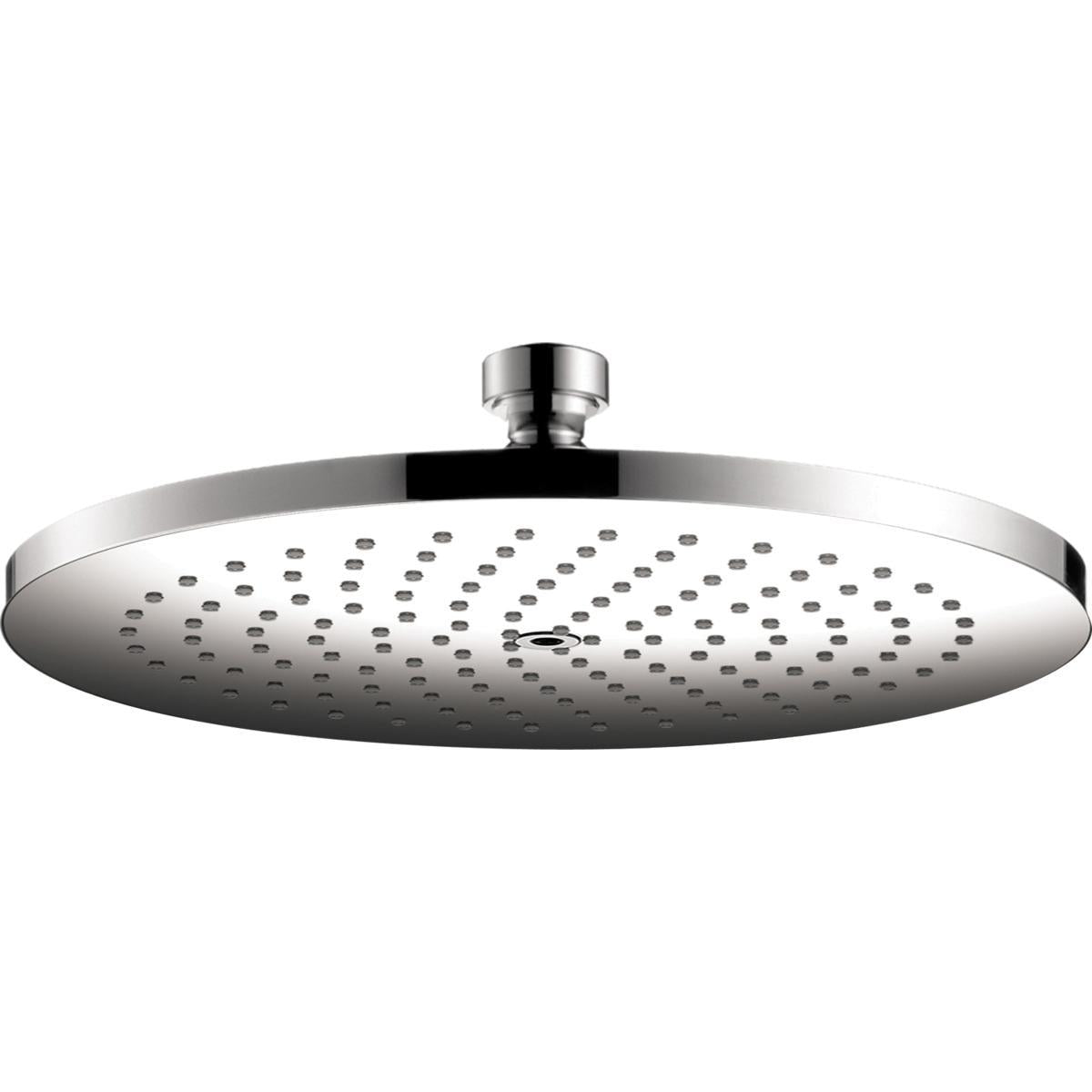 Chrome overhead shower head with flat circular face and multiple spray jets mounted on cylindrical connector.