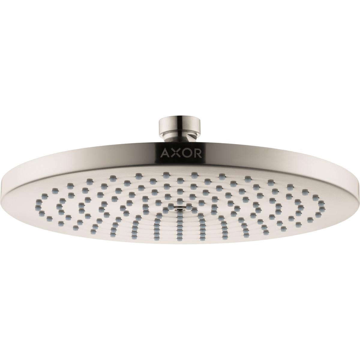 Brushed nickel round shower head with multiple spray jets and ceiling-mounted connector arm.
