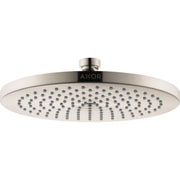Brushed nickel round shower head with multiple spray jets and ceiling-mounted connector arm.