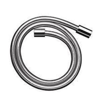 Chrome flexible hose coiled with cylindrical connector nut at end.