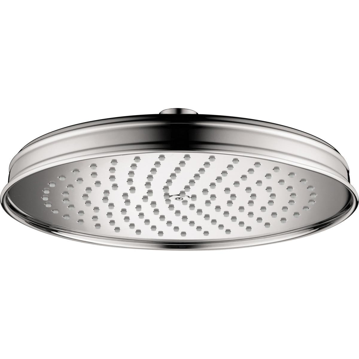 Chrome overhead shower head with wide circular face and multiple spray jets arranged in rows.