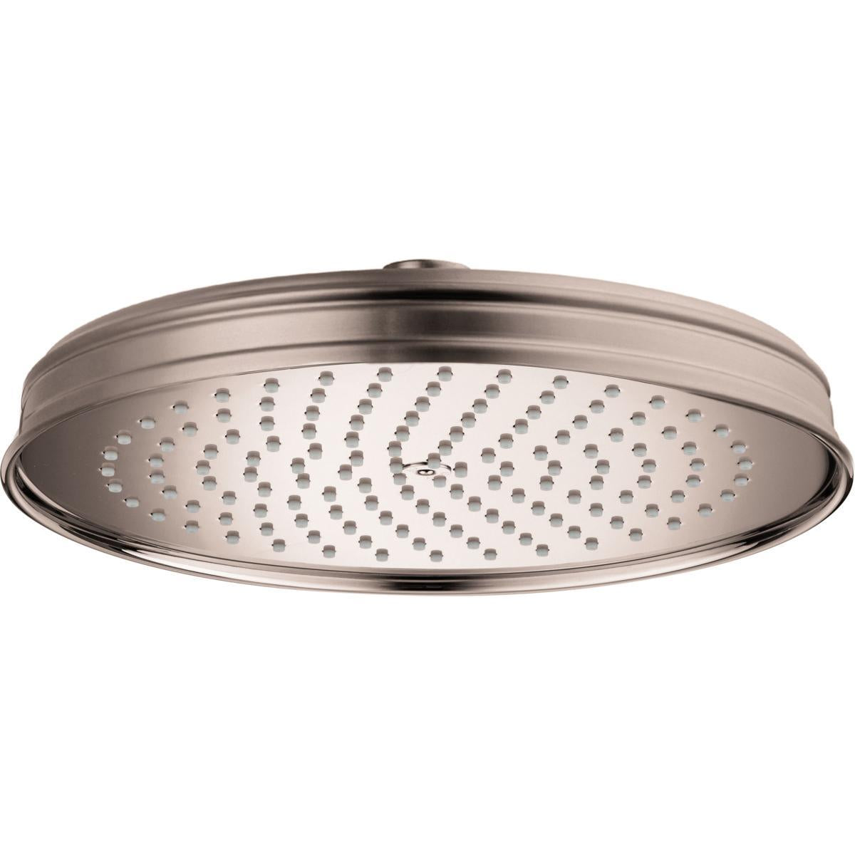 Brushed nickel round shower head with multiple spray holes and decorative rim.