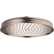 Brushed nickel round shower head with multiple spray holes and decorative rim.