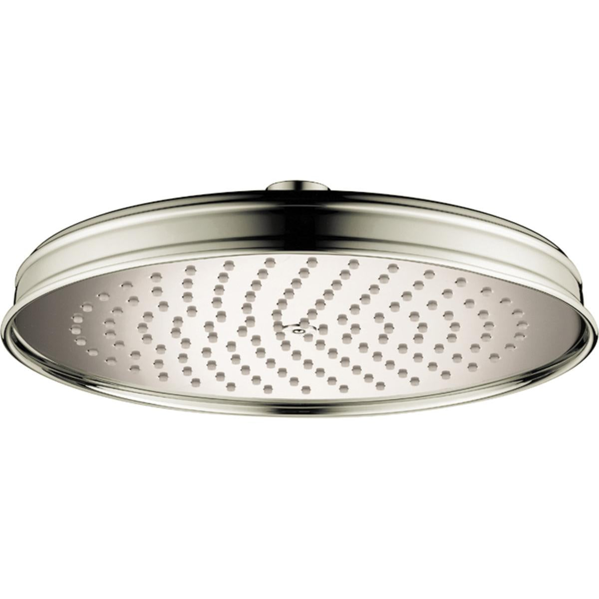 Polished nickel overhead shower head with circular face and multiple spray jets arranged in pattern.