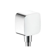 Chrome and white square wall-mounted shower outlet with cylindrical connector below.