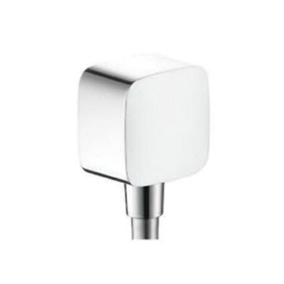 Chrome and white square wall-mounted shower outlet with cylindrical connector below.