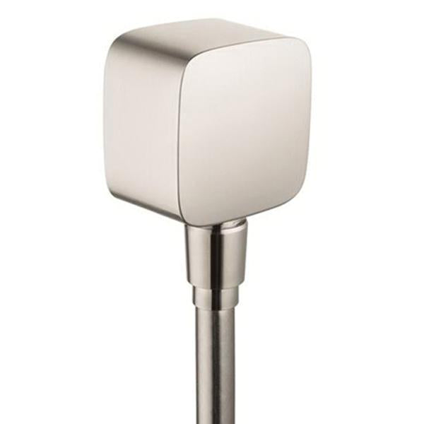 Brushed nickel square wall outlet with rounded edges and cylindrical arm connection.