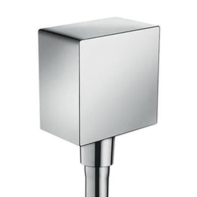 Chrome square wall outlet with two cylindrical connection ports below the main body.