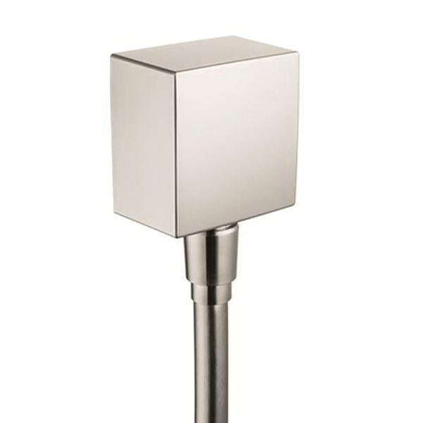Square brushed nickel wall outlet with cylindrical connector stem for shower plumbing installation.
