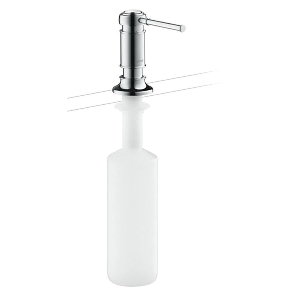 Chrome soap dispenser with cylindrical white reservoir and lever pump mounted on countertop.