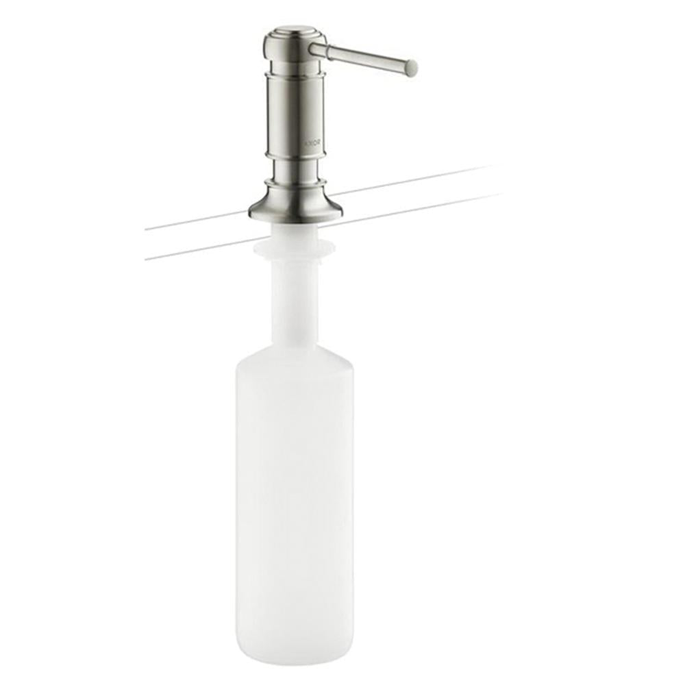 Steel optic soap dispenser pump with cylindrical white bottle and lever arm.