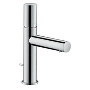 Chrome single-hole bathroom faucet with cylindrical vertical spout and horizontal lever handle.