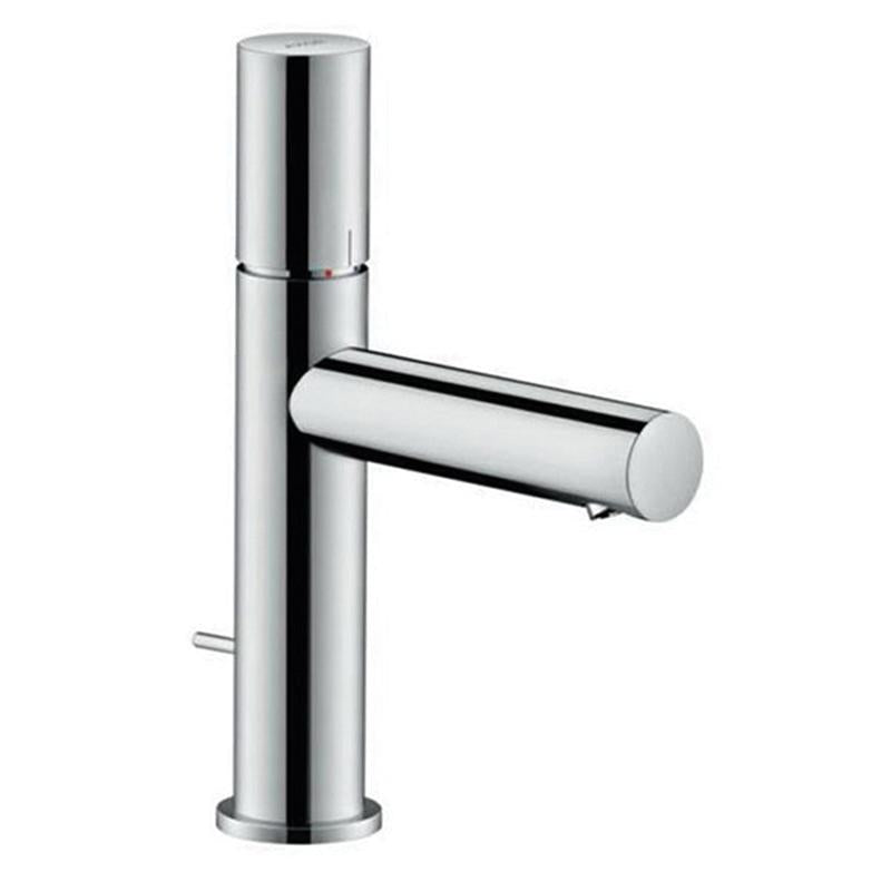 Chrome single-hole bathroom faucet with cylindrical vertical spout and horizontal lever handle.