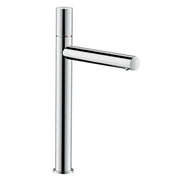 Chrome single-hole bathroom faucet with tall cylindrical body and horizontal lever handle extended to the right.