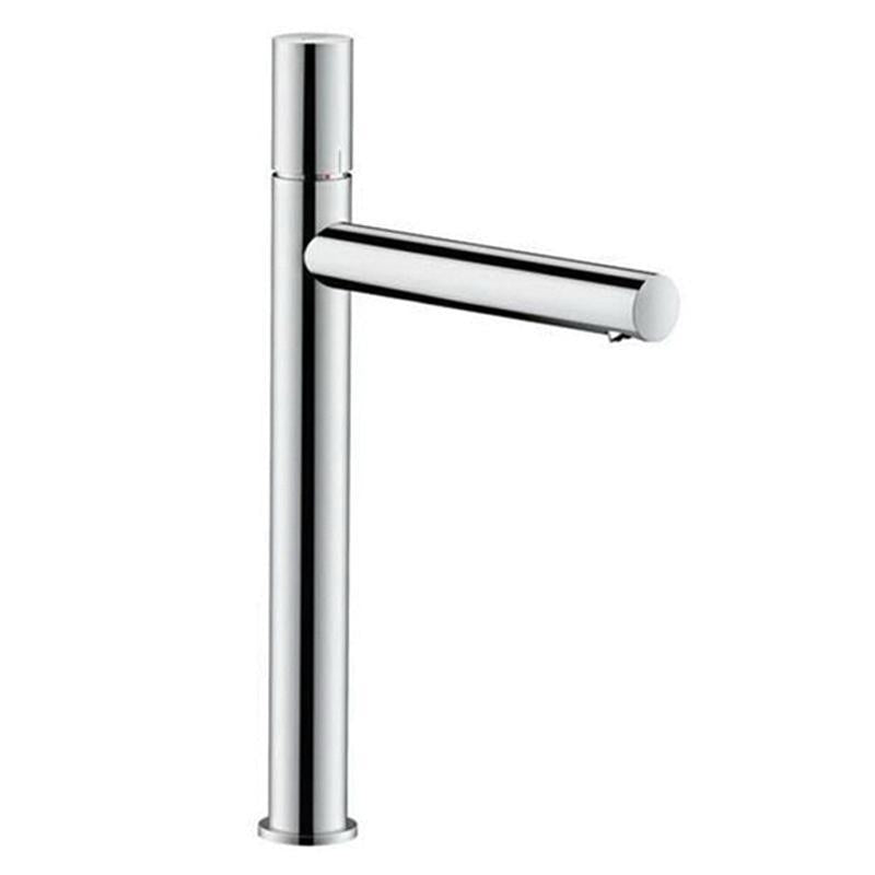 Chrome single-hole bathroom faucet with tall cylindrical body and horizontal lever handle extended to the right.