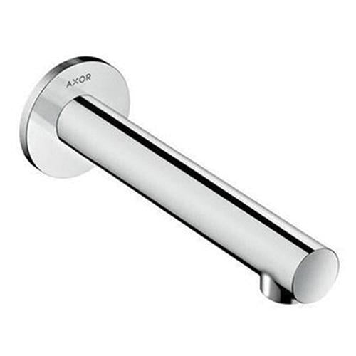 Chrome straight tub spout with cylindrical body and circular wall flange mounting plate.