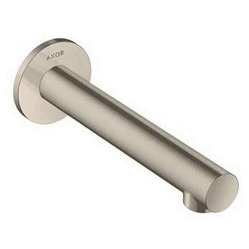 Brushed nickel straight tub spout with round wall flange and AXOR brand marking.