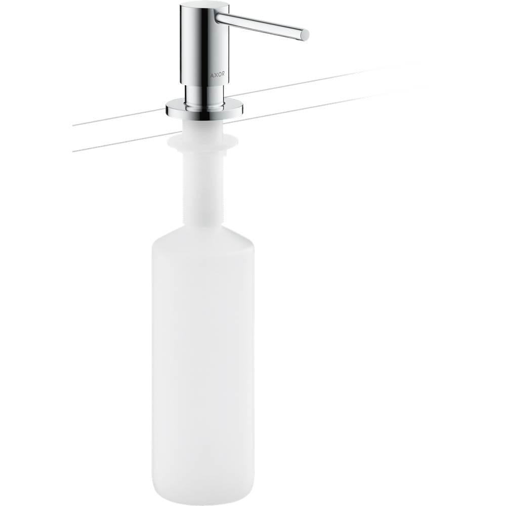 Polished nickel soap dispenser with cylindrical white reservoir and lever pump mounted on countertop.