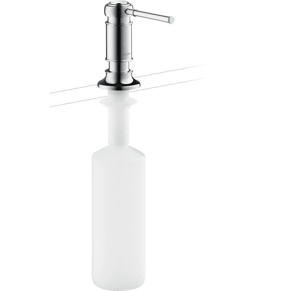 Polished nickel soap dispenser with cylindrical white bottle reservoir and side-mounted lever pump.