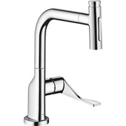 Chrome kitchen faucet with tall curved spout and pull-out spray wand, featuring a single lever handle.