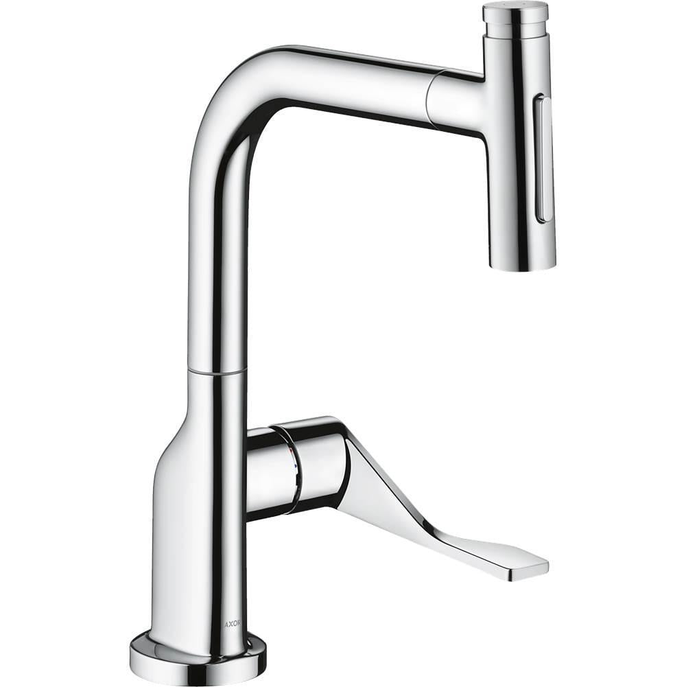 Chrome kitchen faucet with tall curved spout and pull-out spray wand, featuring a single lever handle.