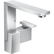 Chrome single-hole bathroom faucet with rectangular spout and geometric base featuring diamond cut design.
