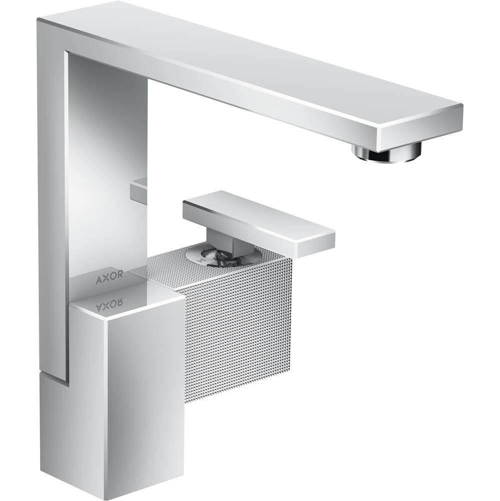 Chrome single-hole bathroom faucet with rectangular spout and geometric base featuring diamond cut design.
